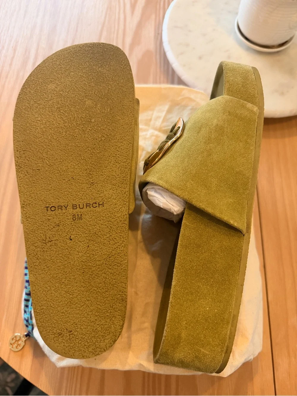 Tory Burch Olive Suede Slide Mules with Gold Logo Disk